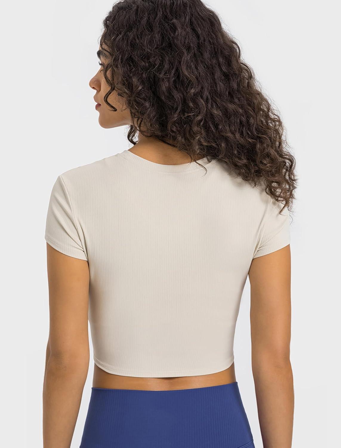 Yvette Women’s Athletic T-Shirts Workout Crop Top Short Sleeve Running Basic Tee Gym Casual Cropped Shirts(Off-white)
