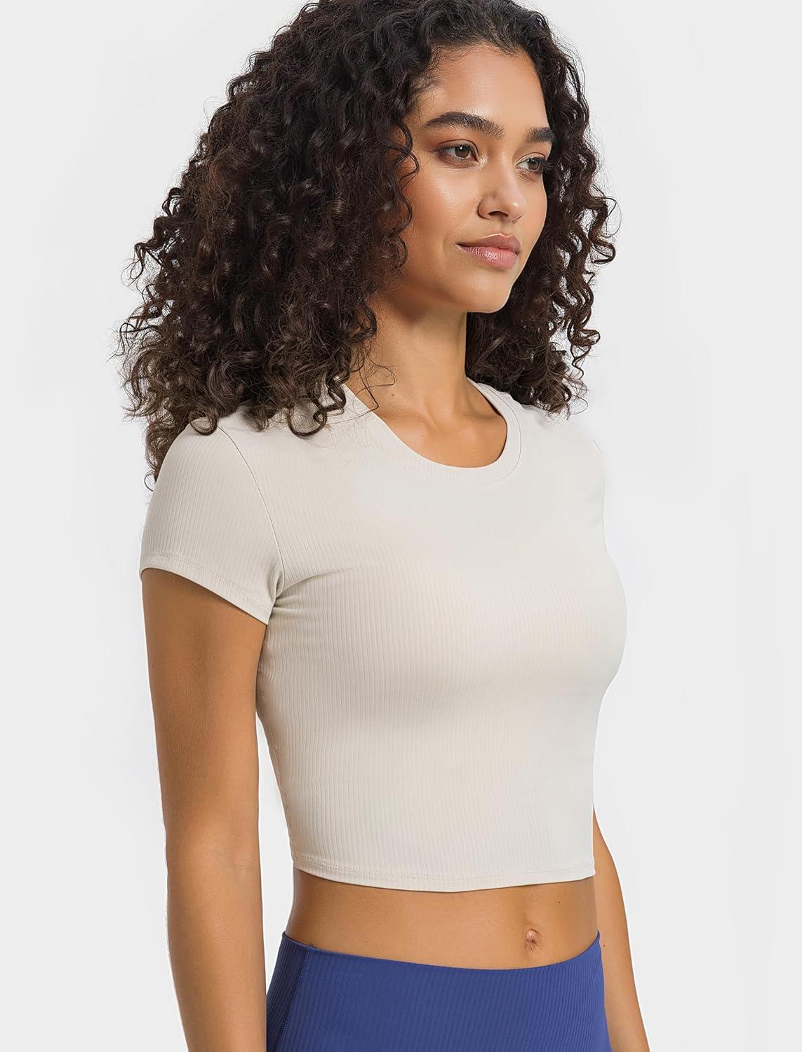 Yvette Women’s Athletic T-Shirts Workout Crop Top Short Sleeve Running Basic Tee Gym Casual Cropped Shirts(Off-white)