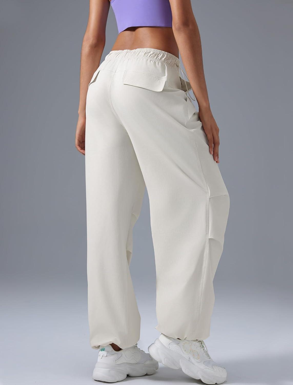 Yvette Women’s Joggers Parachute Pants Athletic Running Quick Dry Sweatpants with Pockets(White)
