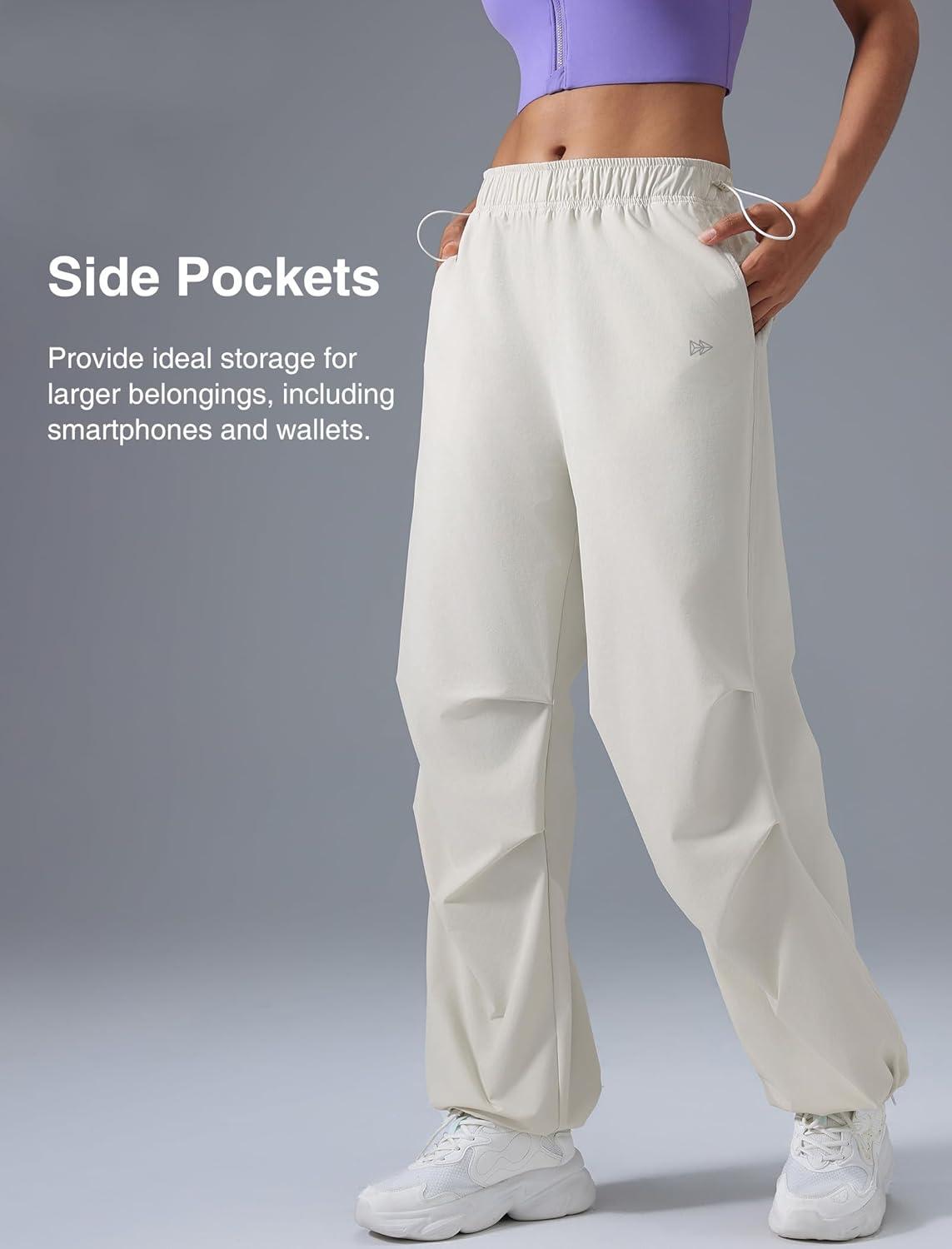 Yvette Women’s Joggers Parachute Pants Athletic Running Quick Dry Sweatpants with Pockets(White)