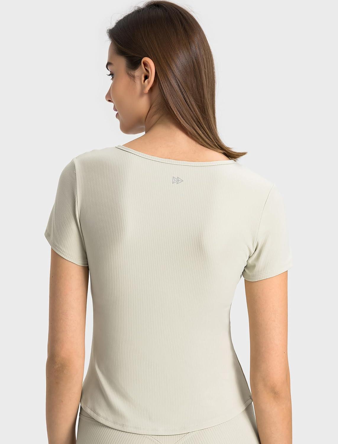 Yvette Tank Top Built in Bra for Women Slim Fitted Casual Short Sleeve Ruched Athletic Shirts for Gym Yoga Running(Off-white)