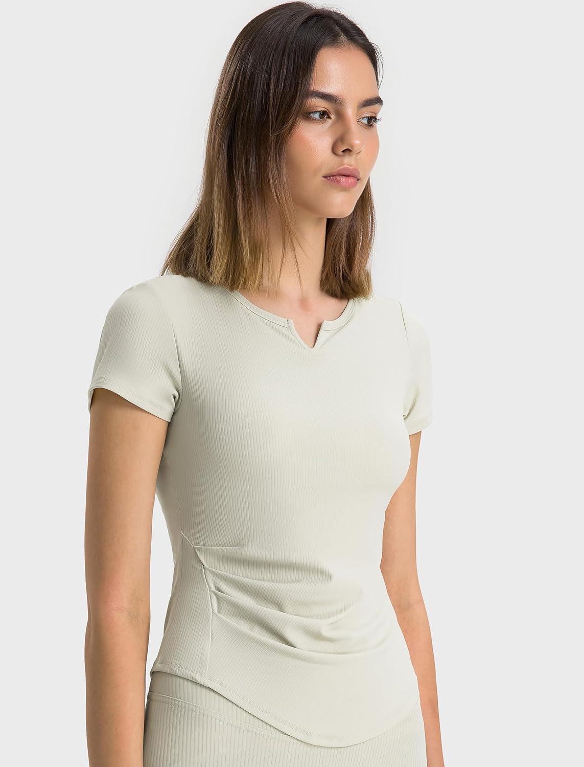 Yvette Tank Top Built in Bra for Women Slim Fitted Casual Short Sleeve Ruched Athletic Shirts for Gym Yoga Running(Off-white)