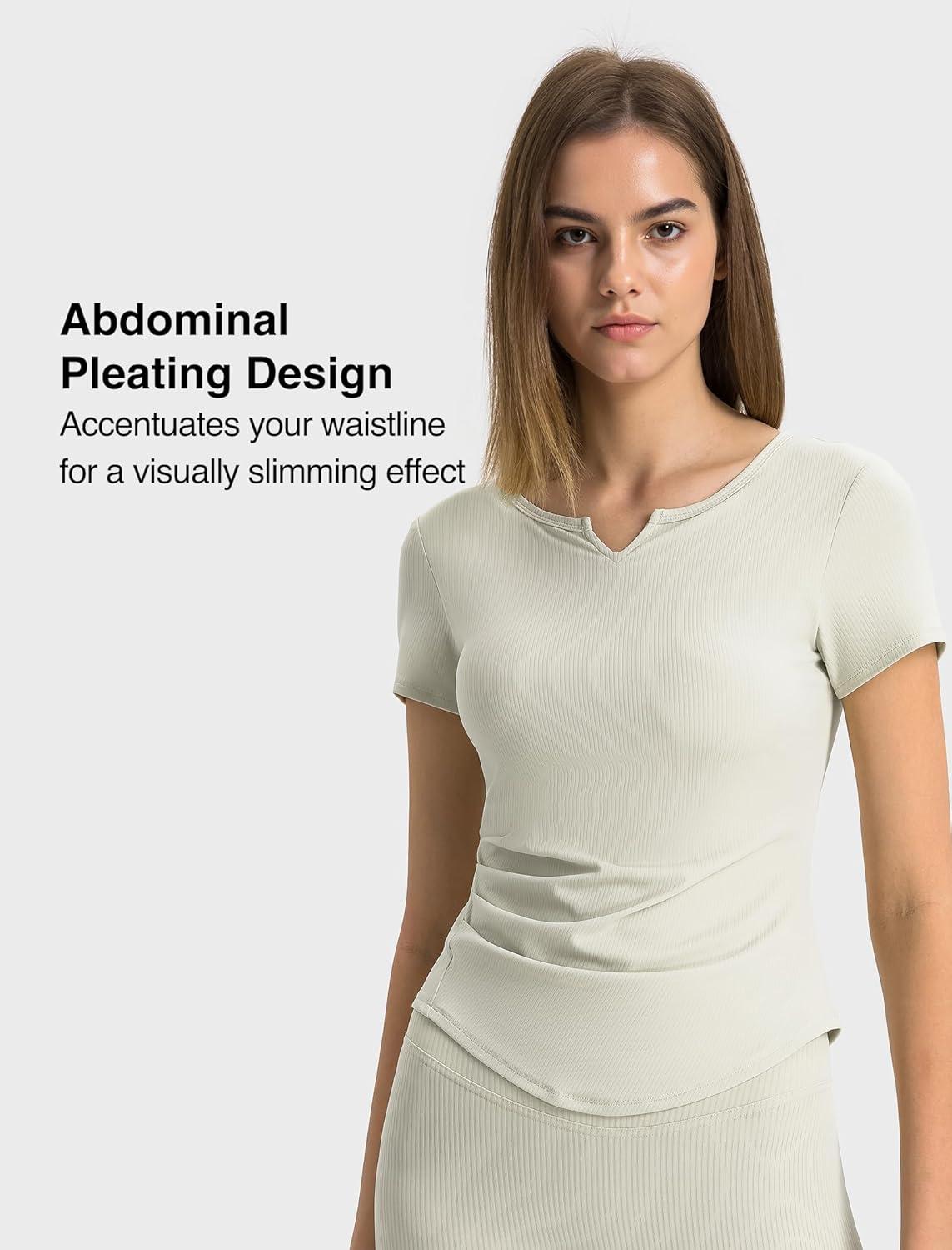 Yvette Tank Top Built in Bra for Women Slim Fitted Casual Short Sleeve Ruched Athletic Shirts for Gym Yoga Running(Off-white)