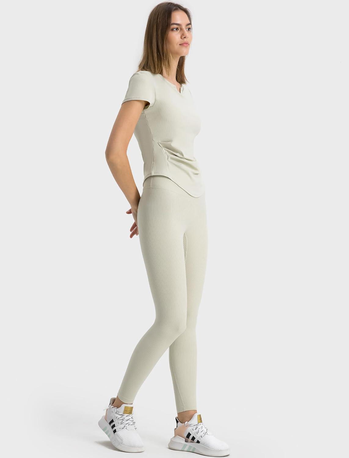 Yvette Tank Top Built in Bra for Women Slim Fitted Casual Short Sleeve Ruched Athletic Shirts for Gym Yoga Running(Off-white)