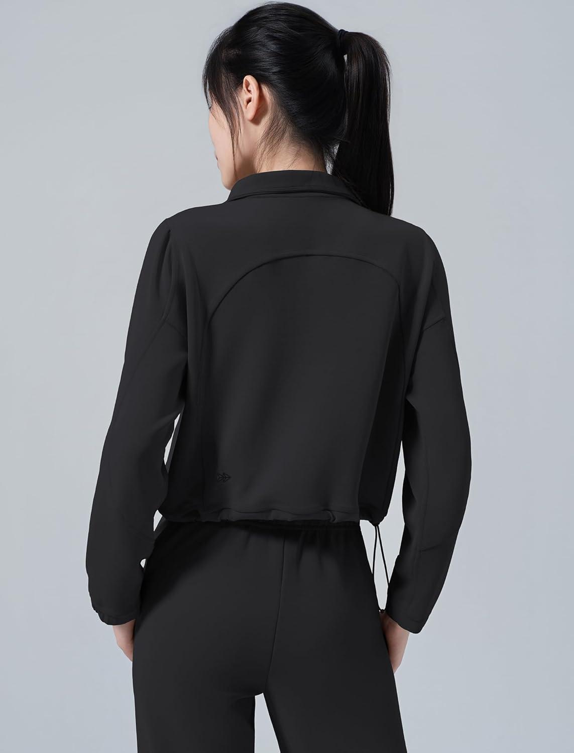 Yvette Womens’ Half Zip Pullover Stand Collar Cropped Workout Sweatshirt with Pockets Long Sleeve Shirts Clothes(Black)