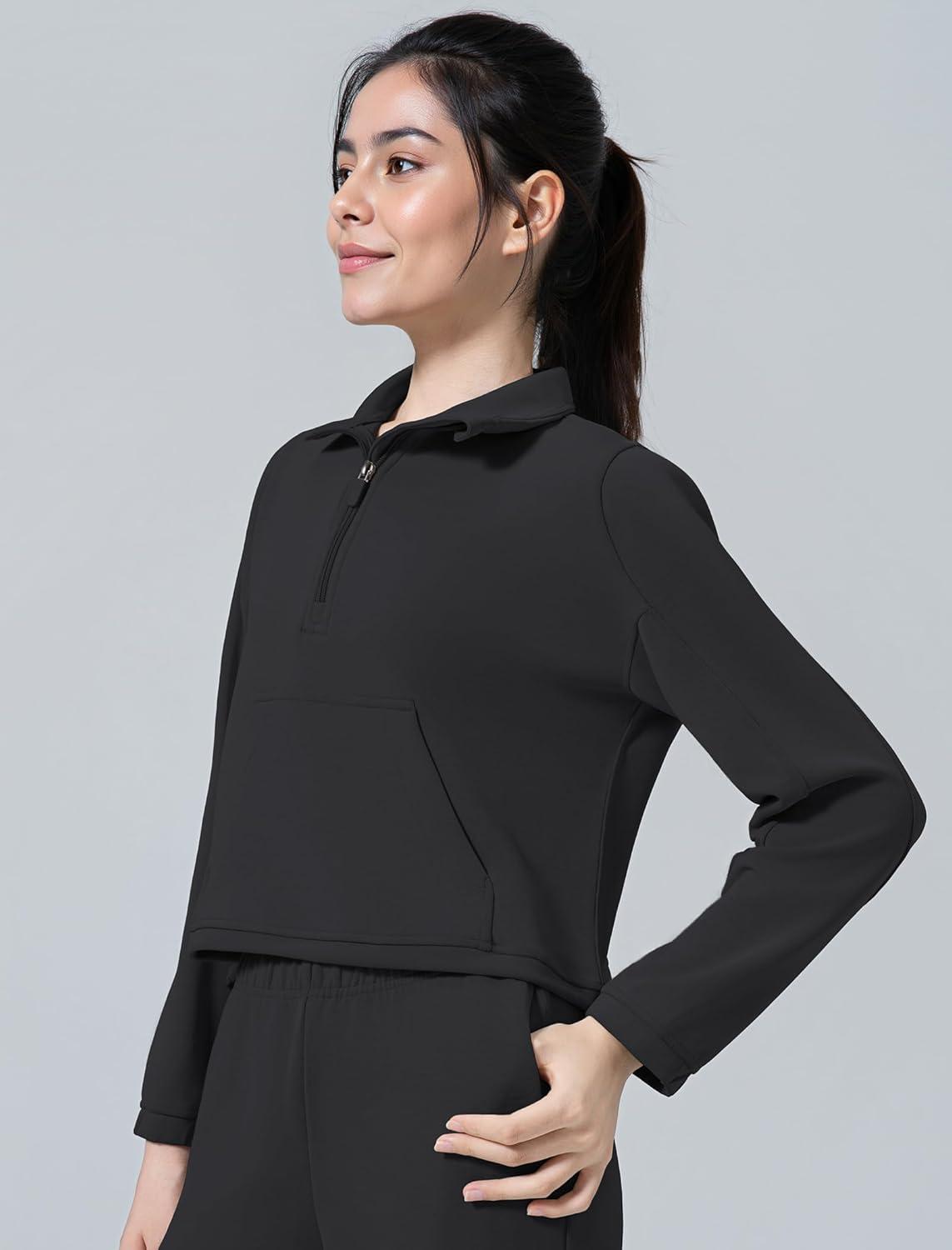 Yvette Womens’ Half Zip Pullover Stand Collar Cropped Workout Sweatshirt with Pockets Long Sleeve Shirts Clothes(Black)