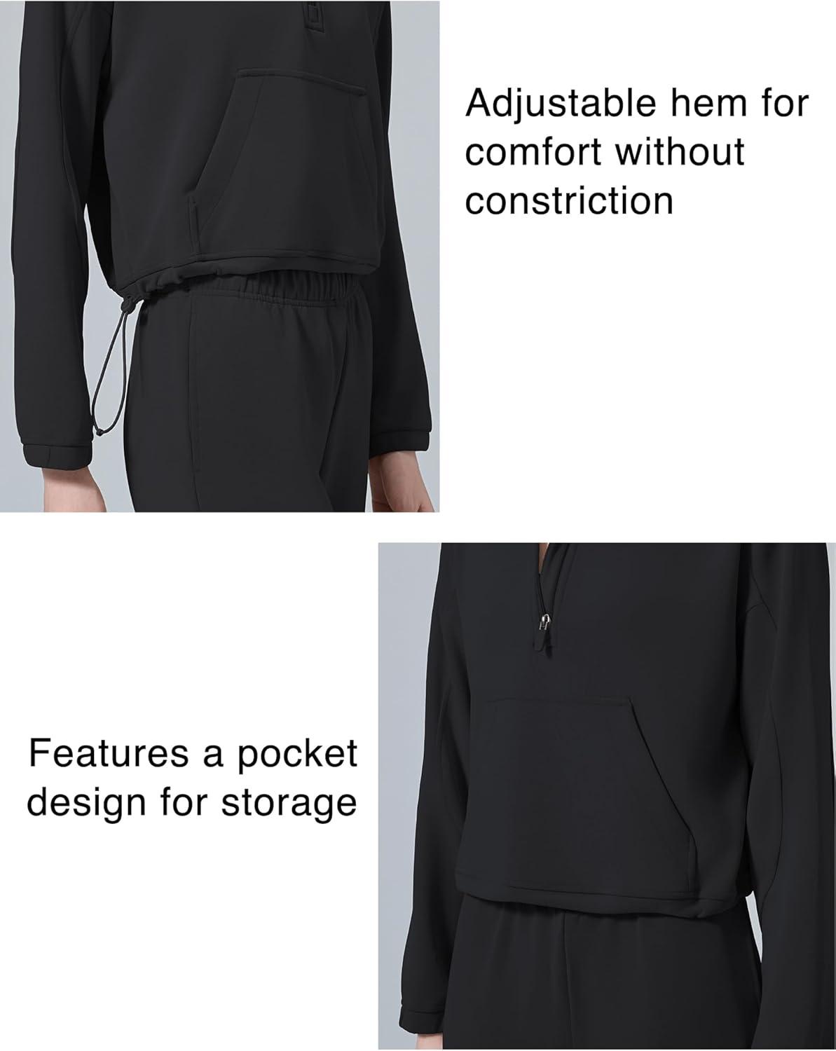 Yvette Womens’ Half Zip Pullover Stand Collar Cropped Workout Sweatshirt with Pockets Long Sleeve Shirts Clothes(Black)