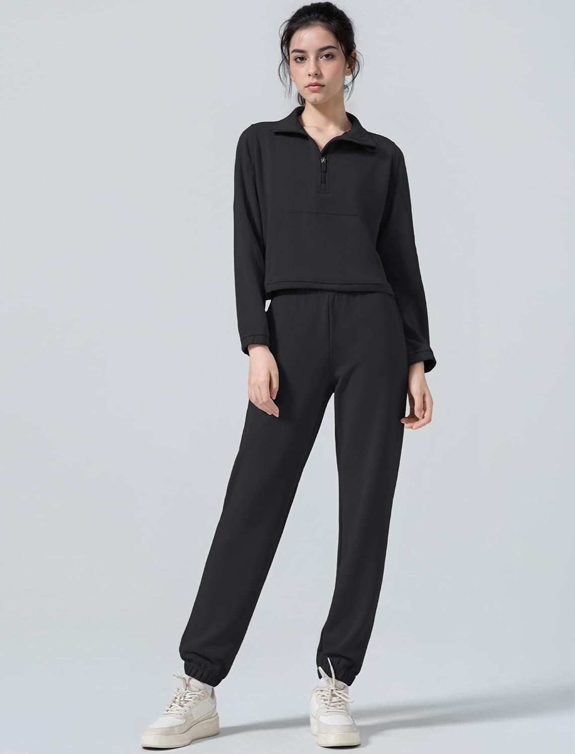 Yvette Womens’ Half Zip Pullover Stand Collar Cropped Workout Sweatshirt with Pockets Long Sleeve Shirts Clothes(Black)