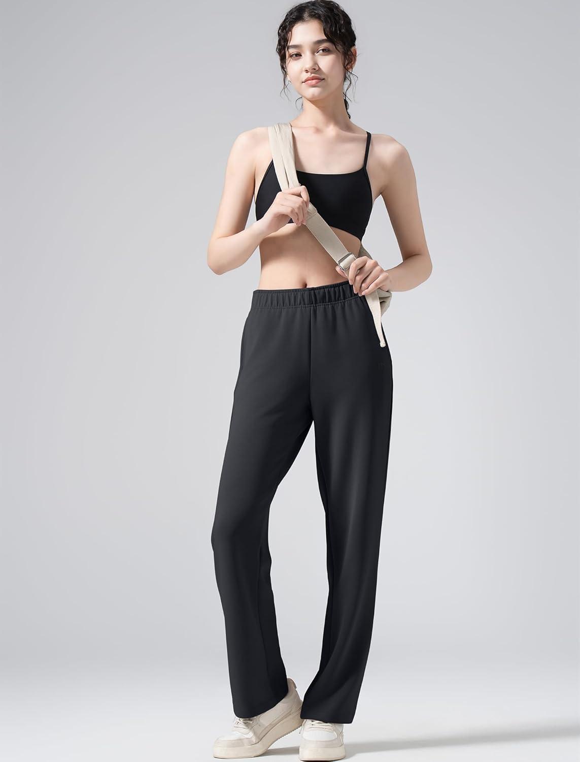 Yvette Women’s Sweatpants Casual Pants Open Bottom with Pockets Yoga Lounge(Black)