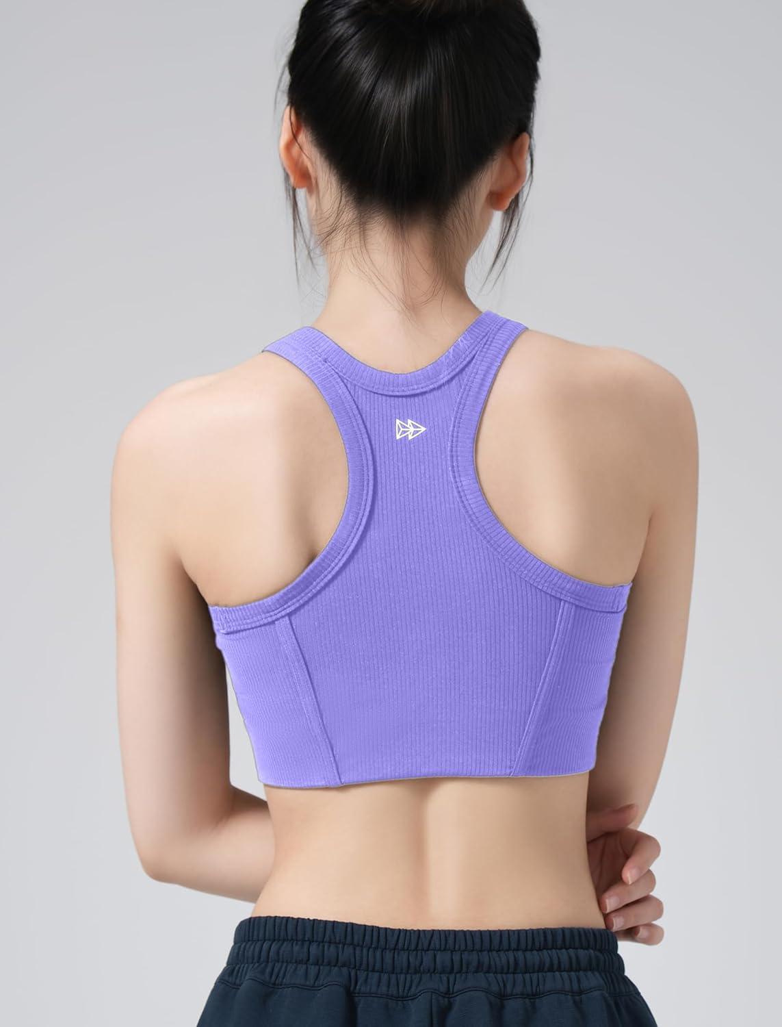 Yvette Sports Bras for Women Ribbed High Neck Racerback Tops(Purple)