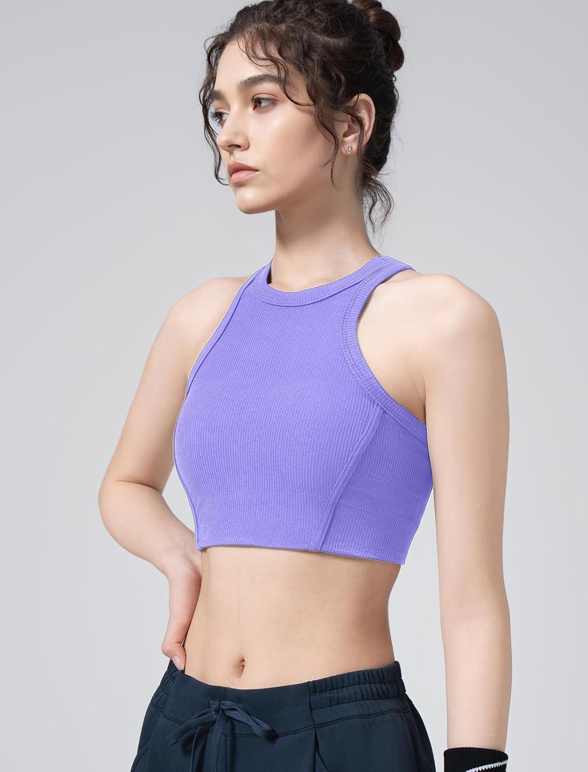 Yvette Sports Bras for Women Ribbed High Neck Racerback Tops(Purple)