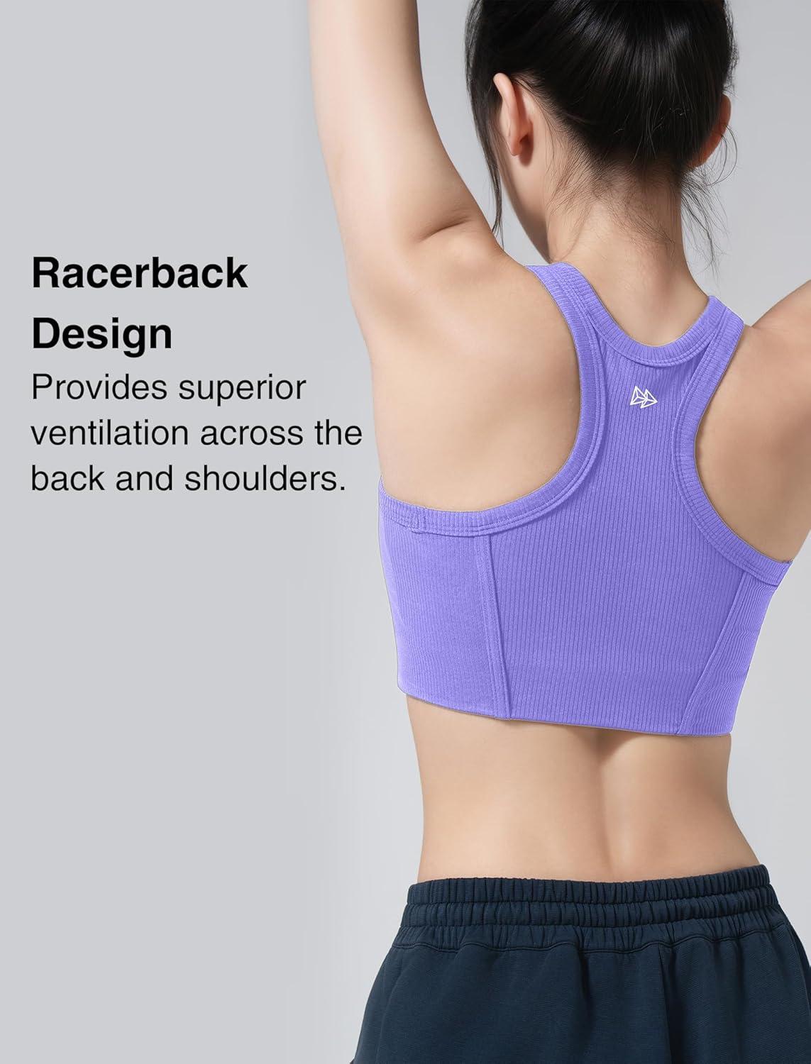 Yvette Sports Bras for Women Ribbed High Neck Racerback Tops(Purple)