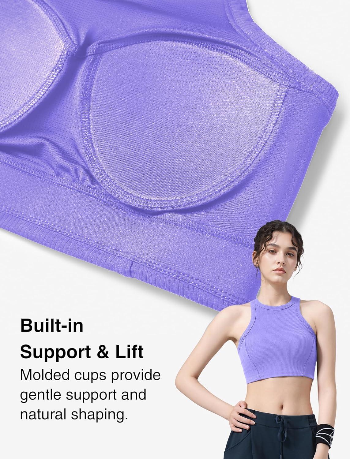 Yvette Sports Bras for Women Ribbed High Neck Racerback Tops(Purple)