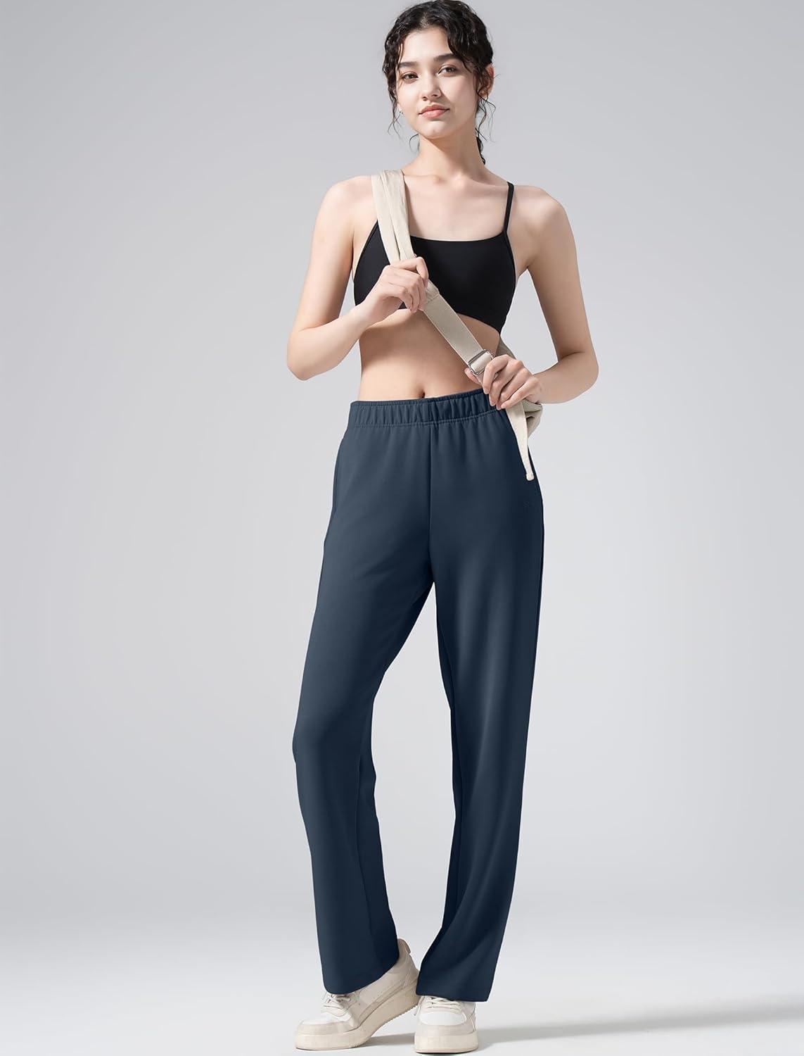 Yvette Women’s Sweatpants Casual Pants Open Bottom with Pockets Yoga Lounge(Navy)