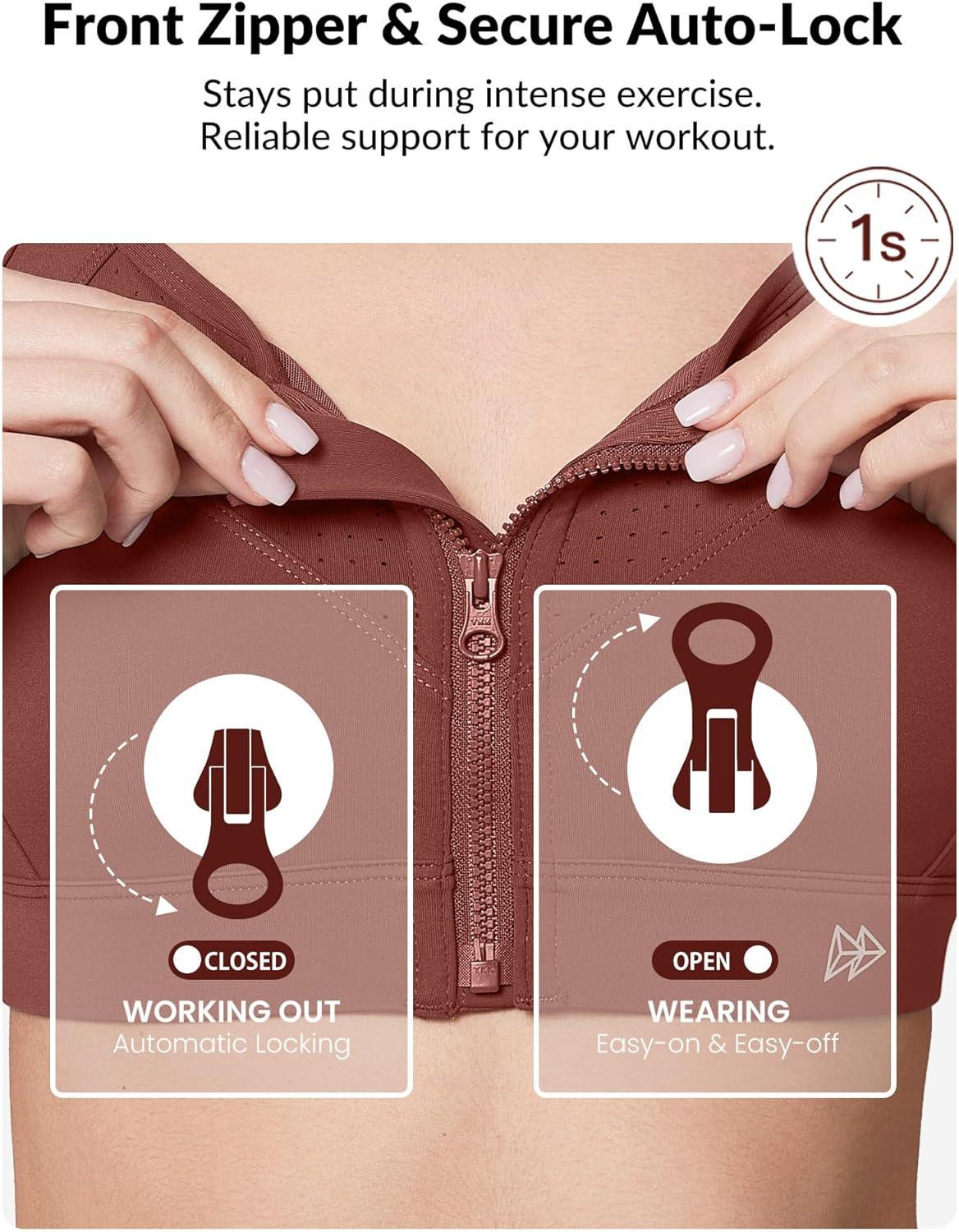 Yvette Adjustable Sports Bras for Women High Impact Support – Zip Front Sports Bra Plus Size Wireless for Running Workout(Brick Red)