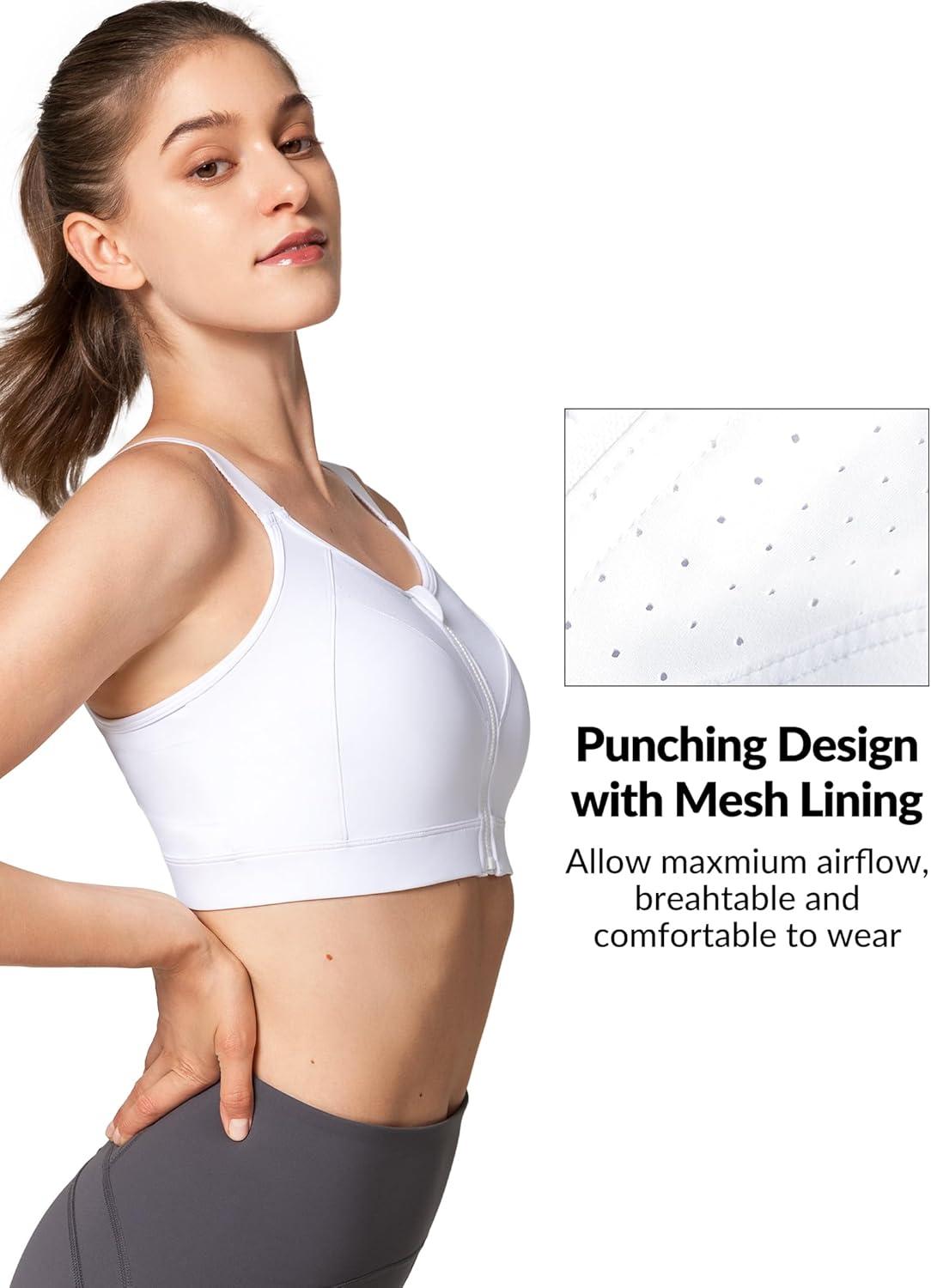 Yvette Adjustable Sports Bras for Women High Impact Support – Zip Front Sports Bra Plus Size Wireless for Running Workout(White)