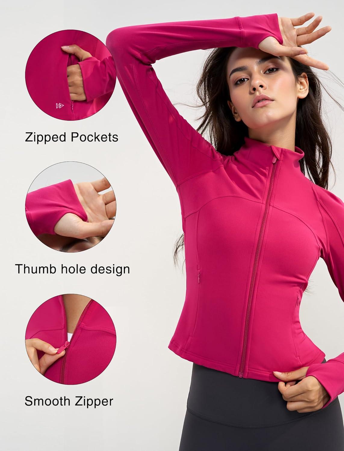 Yvette Women’s Athletic Full Zip Lightweight Workout Jackets with Thumb Holes Gym Shirts Running Clothes with Pocket(Rose Red)