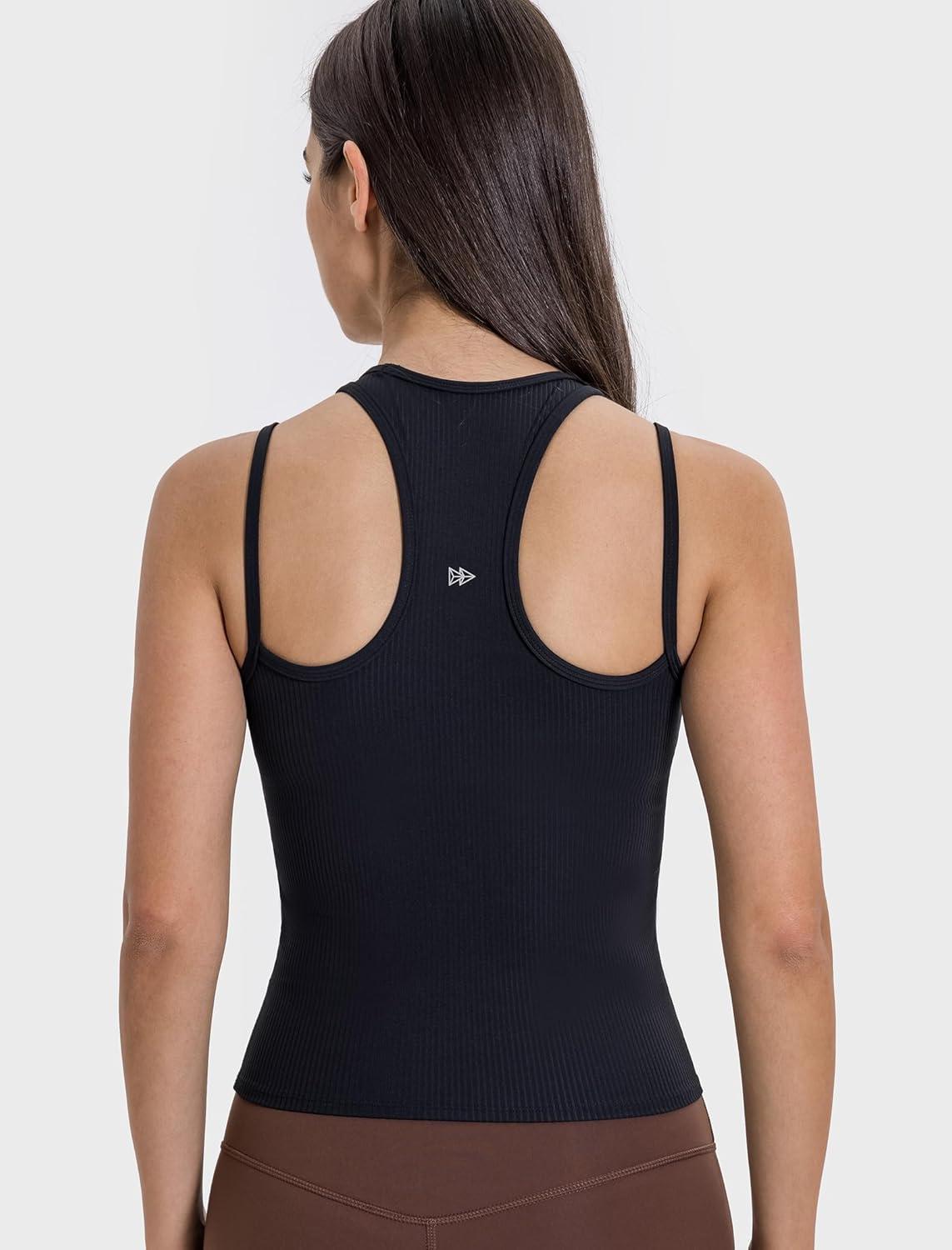 Yvette Racerback Crop Top with Removable Built in Bra Thin Straps Sports Bra for Women(Black)