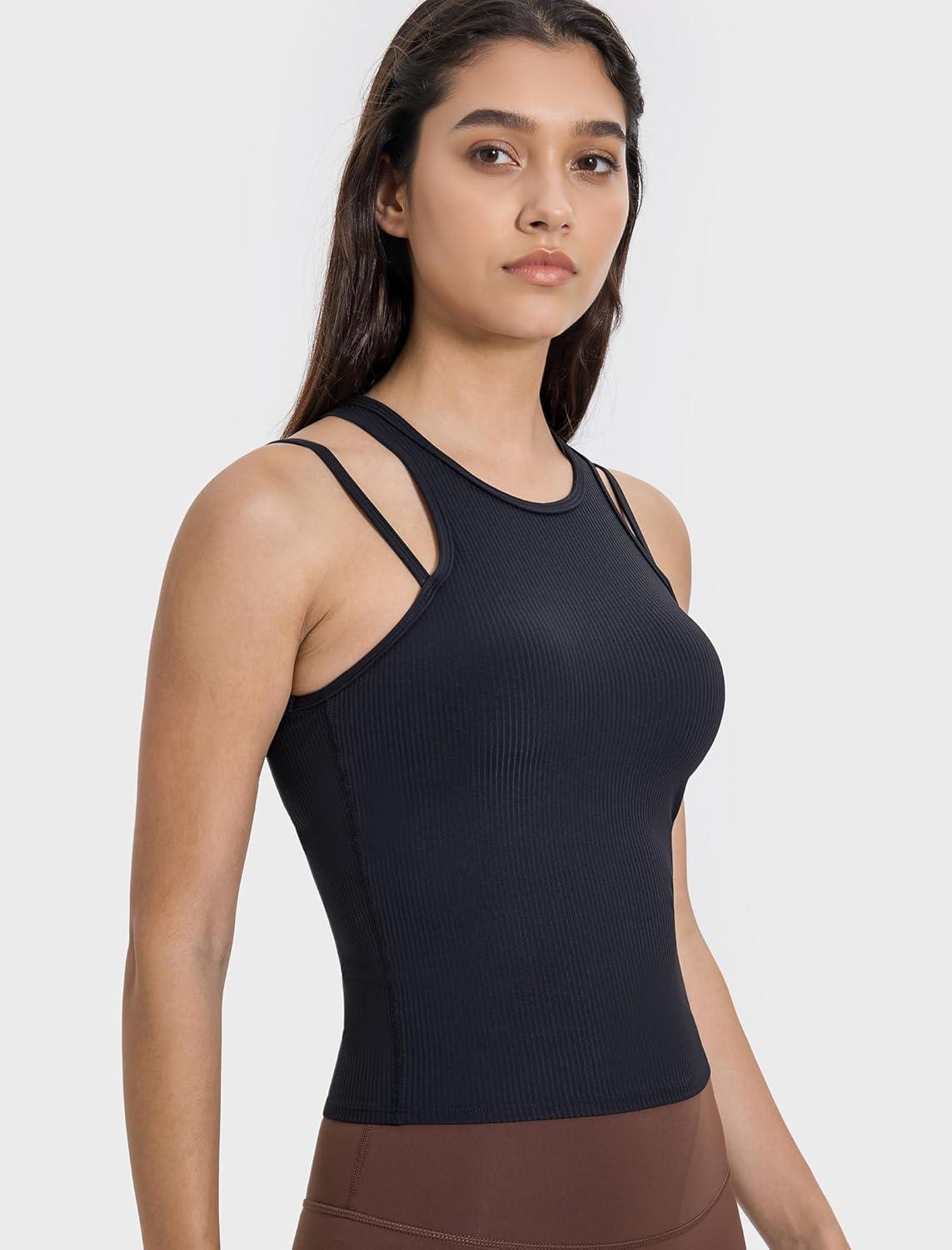 Yvette Racerback Crop Top with Removable Built in Bra Thin Straps Sports Bra for Women(Black)