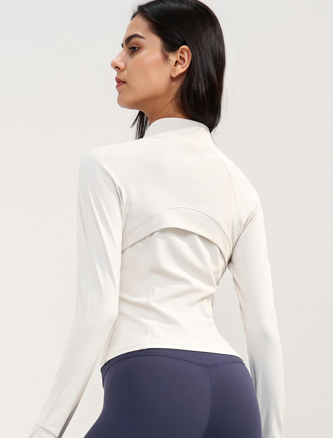 Yvette Women’s Athletic Full Zip Lightweight Workout Jackets with Thumb Holes Gym Shirts Running Clothes with Pocket(Off-white)