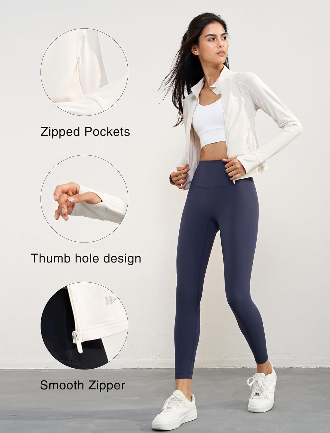 Yvette Women’s Athletic Full Zip Lightweight Workout Jackets with Thumb Holes Gym Shirts Running Clothes with Pocket(Off-white)