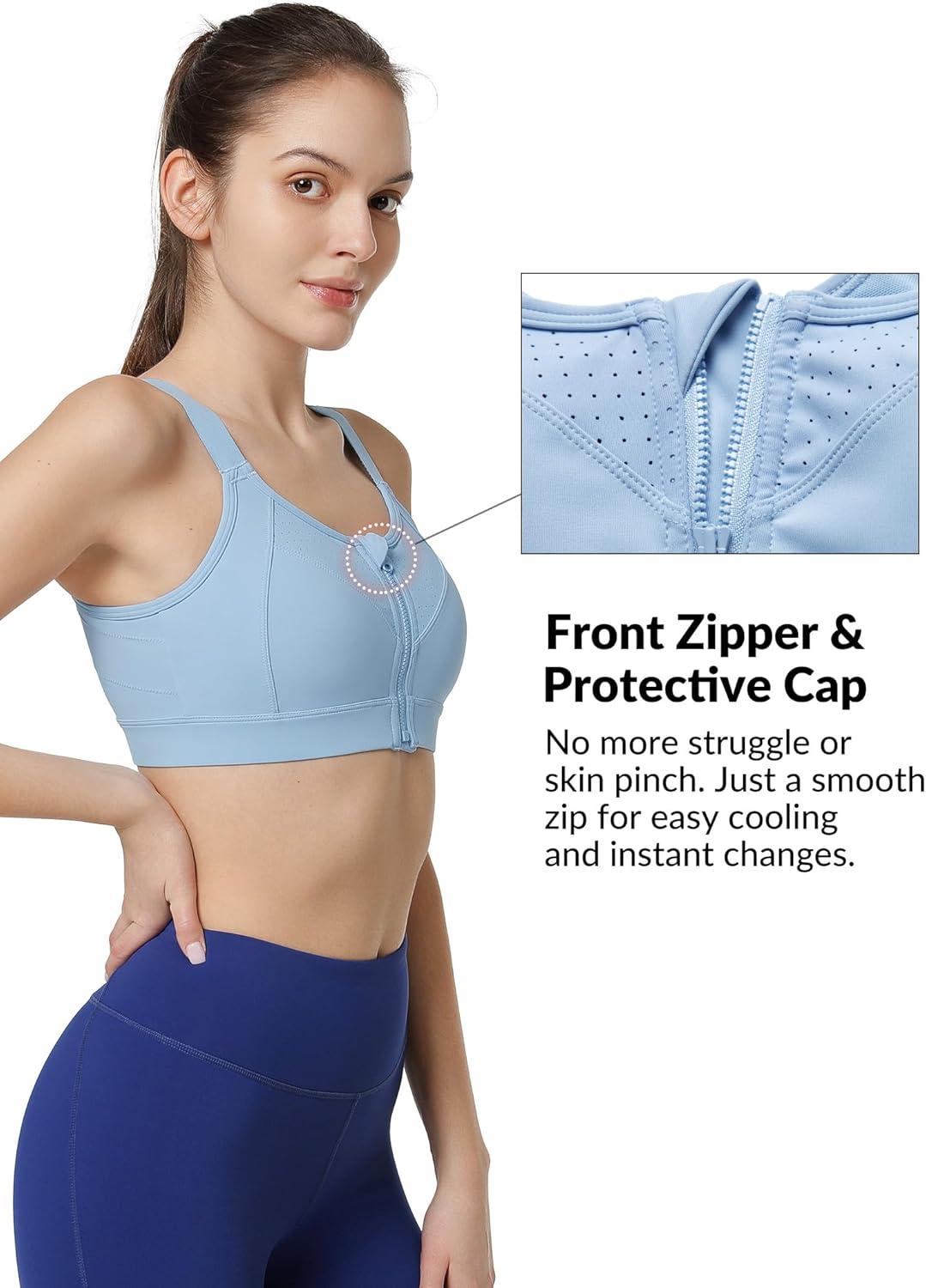 Yvette Adjustable Sports Bras for Women High Impact Support – Zip Front Sports Bra Plus Size Wireless for Running Workout(Blue)