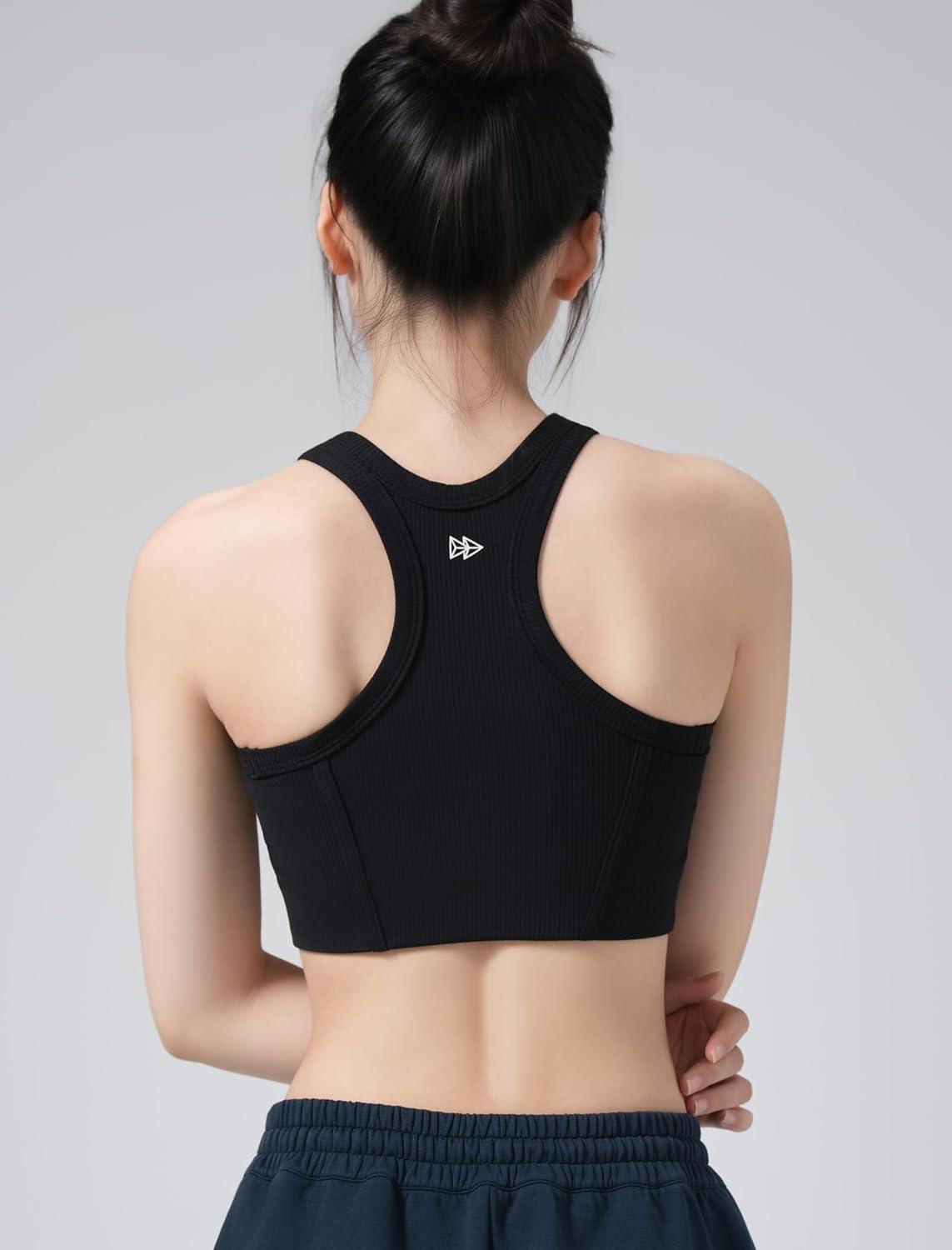 Yvette Sports Bras for Women Ribbed High Neck Racerback Tops(Black)