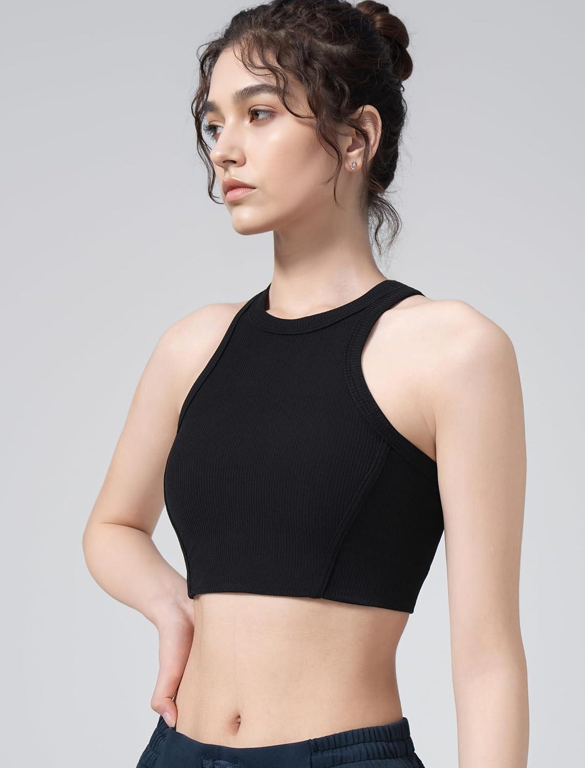 Yvette Sports Bras for Women Ribbed High Neck Racerback Tops(Black)