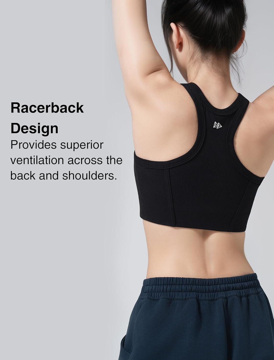 Yvette Sports Bras for Women Ribbed High Neck Racerback Tops(Black)