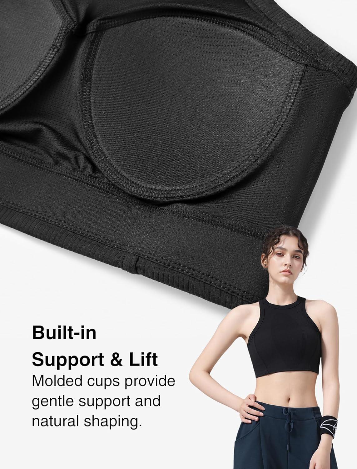 Yvette Sports Bras for Women Ribbed High Neck Racerback Tops(Black)