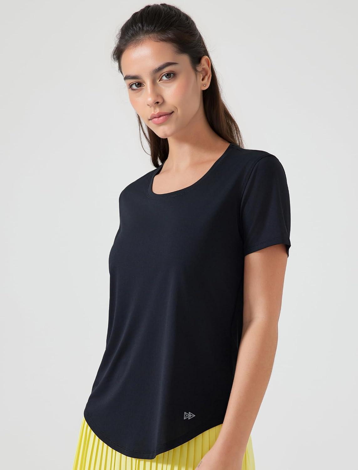 Yvette Women’s Athletic Shirts Short Sleeve Workout Tennis Yoga Running Gym Basic Tee Top Casual T-Shirts(Black)