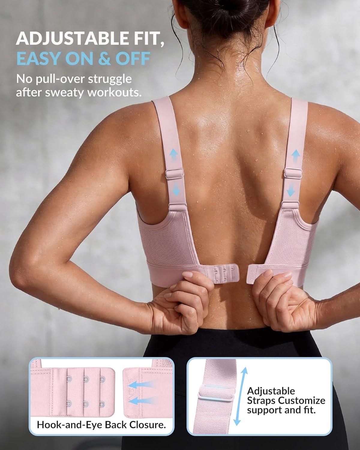 Yvette High Impact Sports Bra for Women, Adjustable Workout Soft Support Bra for Running Yoga, Pilates, Lounge & Gym(Water Pink)