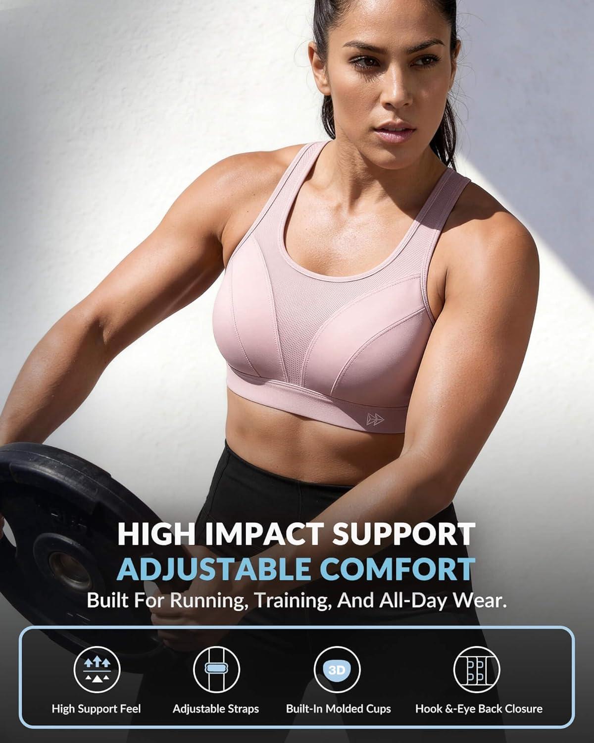 Yvette High Impact Sports Bra for Women, Adjustable Workout Soft Support Bra for Running Yoga, Pilates, Lounge & Gym(Water Pink)