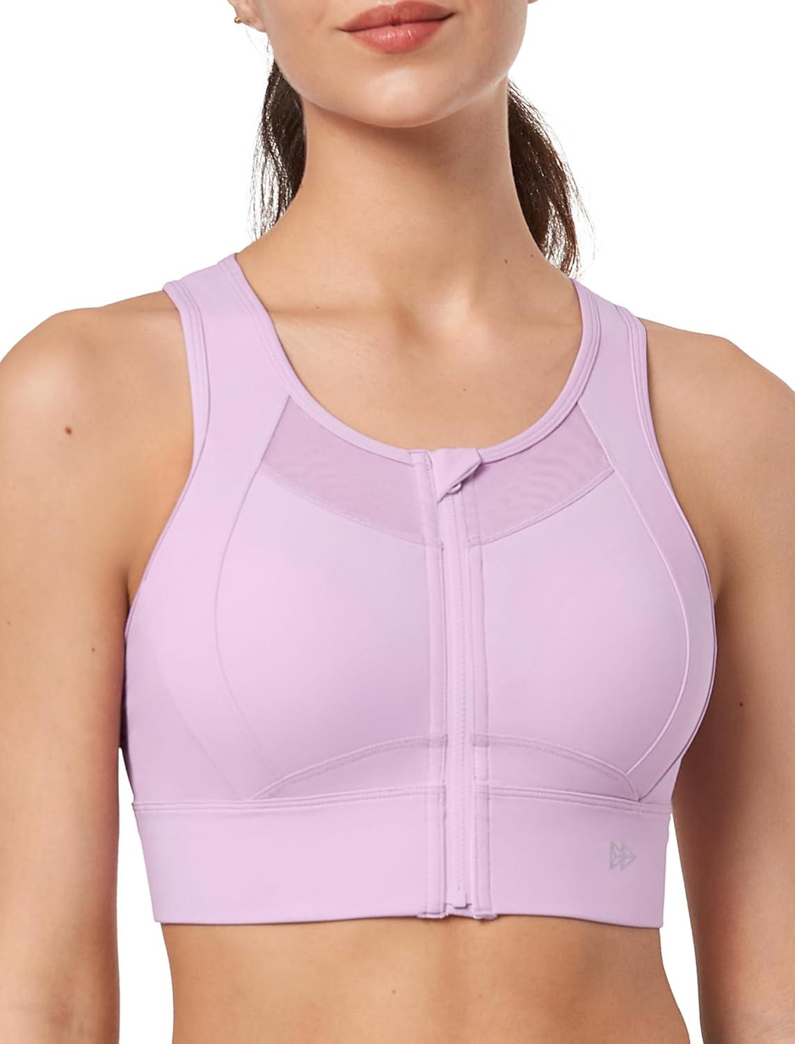 Yvette Sports Bras Zipper Front Closure High Impact Support, Mesh Racerback Running Sports Bra with Sewn in Pads Wokout Gym(Purple)