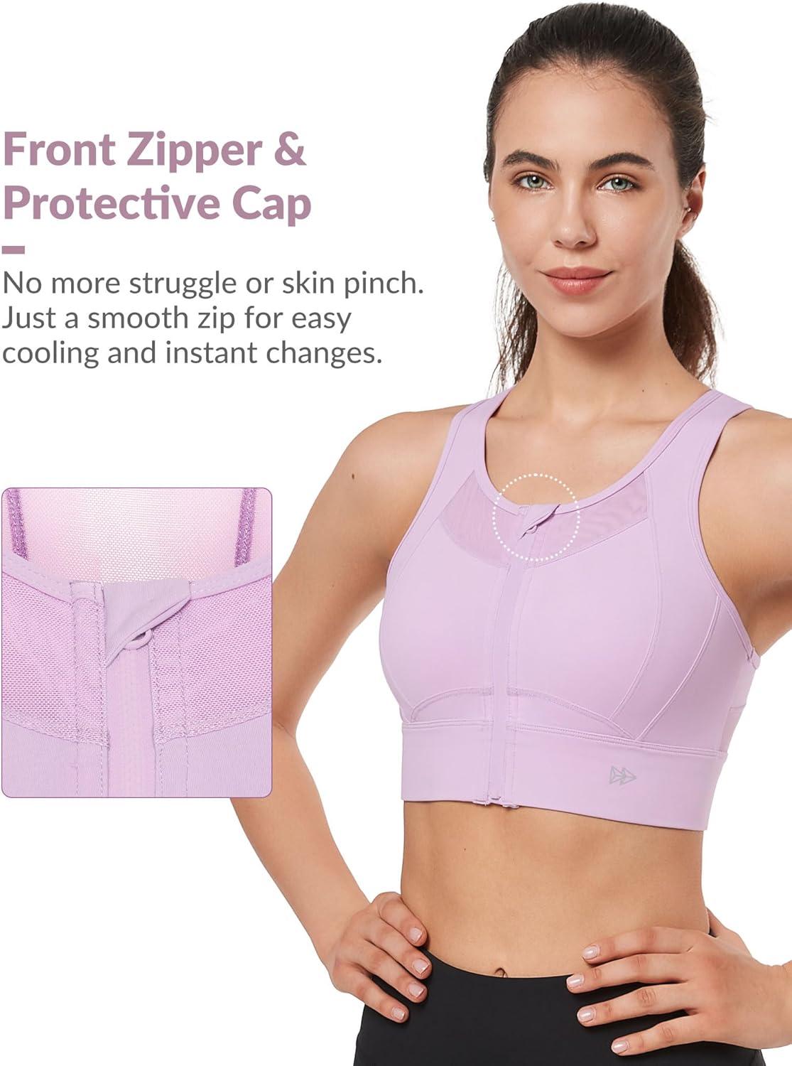 Yvette Sports Bras Zipper Front Closure High Impact Support, Mesh Racerback Running Sports Bra with Sewn in Pads Wokout Gym(Purple)