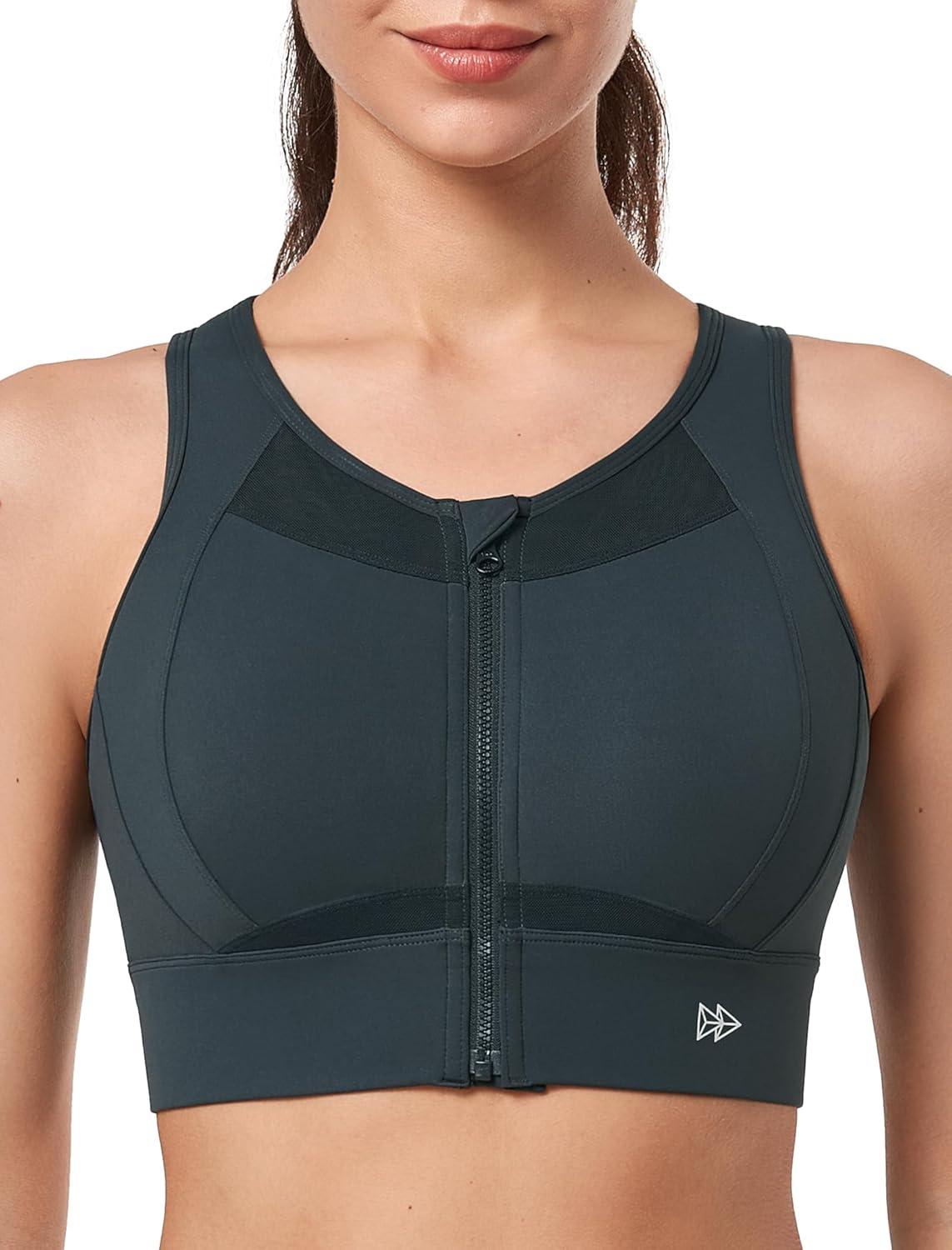 Yvette Sports Bras Zipper Front Closure High Impact Support, Mesh Racerback Running Sports Bra with Sewn in Pads Wokout Gym(Haze Blue)