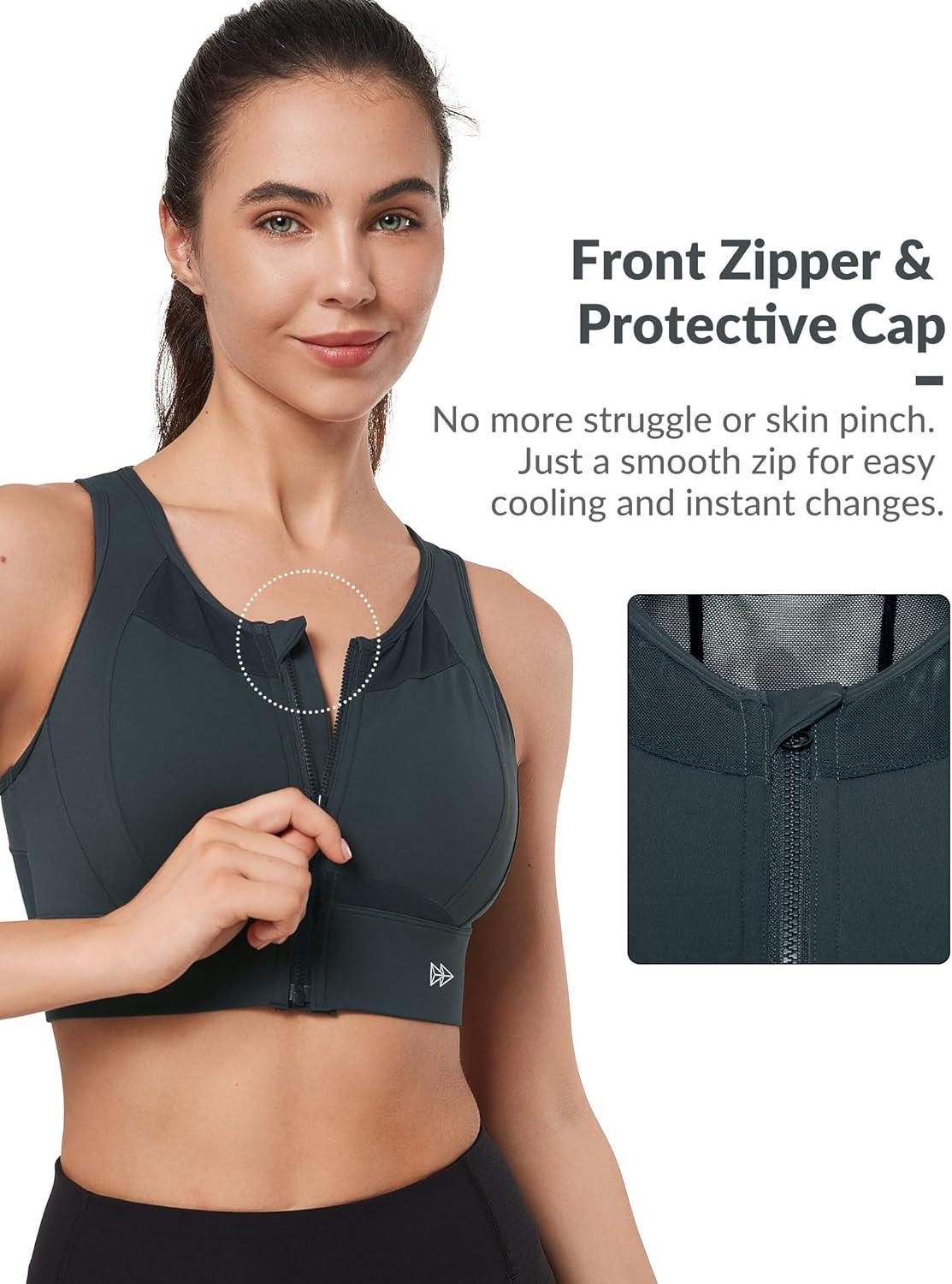 Yvette Sports Bras Zipper Front Closure High Impact Support, Mesh Racerback Running Sports Bra with Sewn in Pads Wokout Gym(Haze Blue)