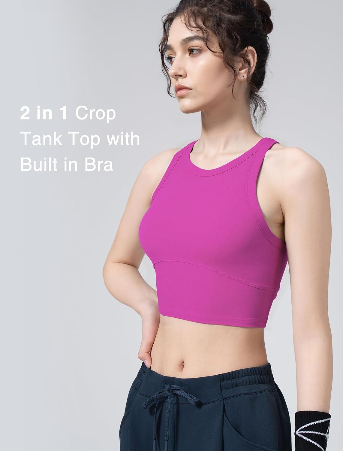 Yvette Longline High Neck Sports Bras for Women Racerback Padded Crop Tank Top with Built in Bra Workout Yoga(Pink)