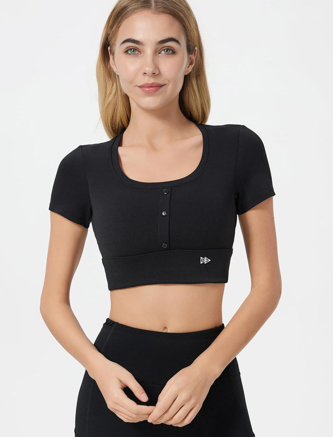 Yvette Womens Cropped Top Short Sleeve Breathable T-Shirts Athletic Tee Tank Tops(Black)