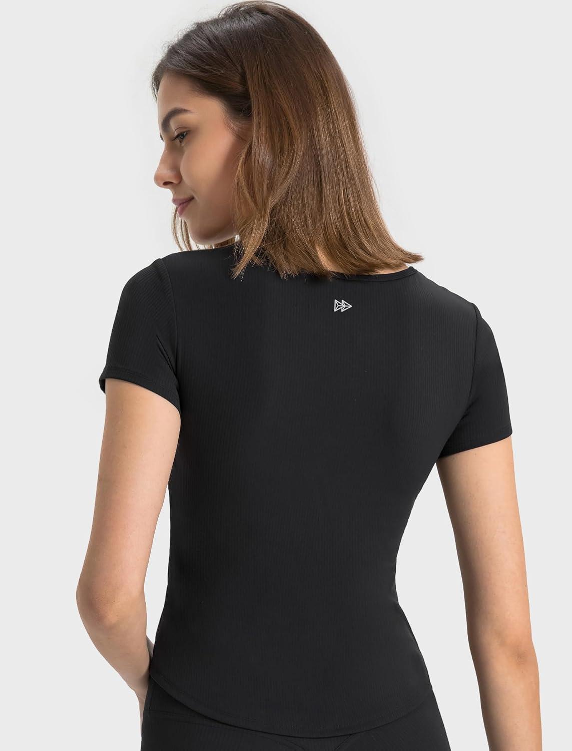 Yvette Tank Top Built in Bra for Women Slim Fitted Casual Short Sleeve Ruched Athletic Shirts for Gym Yoga Running(Black)