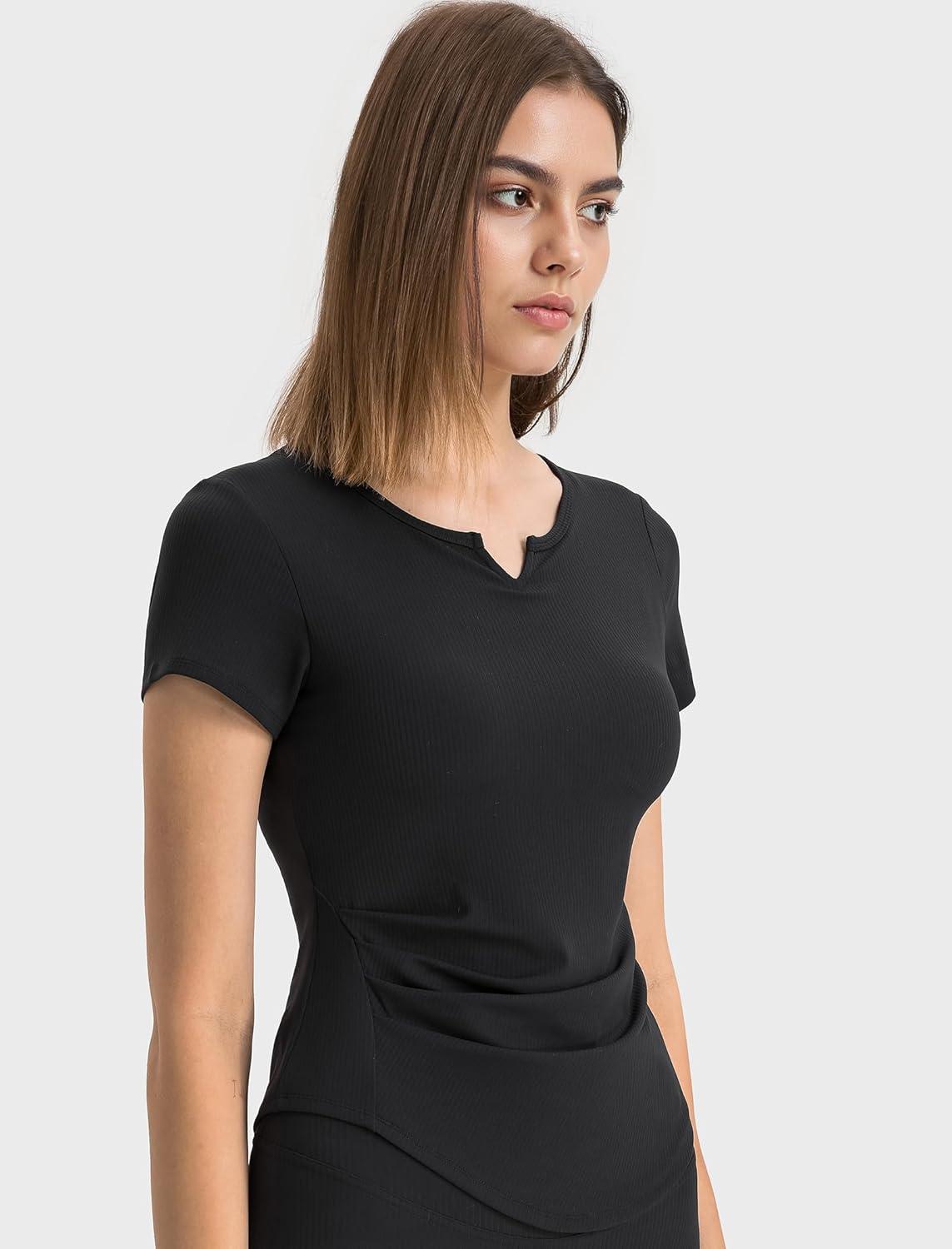 Yvette Tank Top Built in Bra for Women Slim Fitted Casual Short Sleeve Ruched Athletic Shirts for Gym Yoga Running(Black)