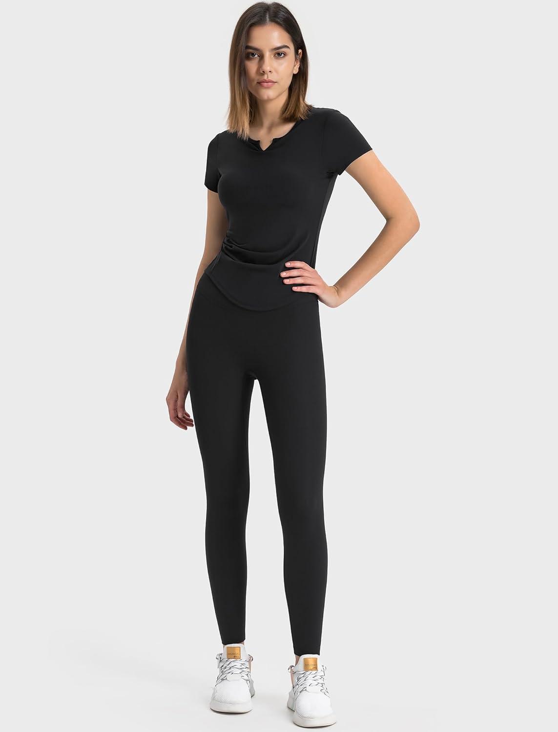 Yvette Tank Top Built in Bra for Women Slim Fitted Casual Short Sleeve Ruched Athletic Shirts for Gym Yoga Running(Black)