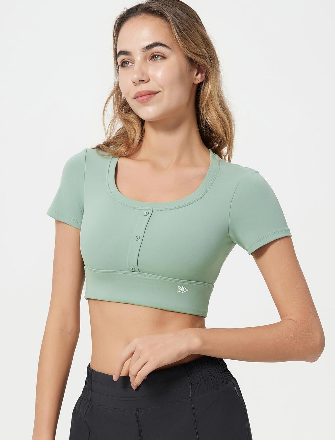 Yvette Womens Cropped Top Short Sleeve Breathable T-Shirts Athletic Tee Tank Tops(Light Green)