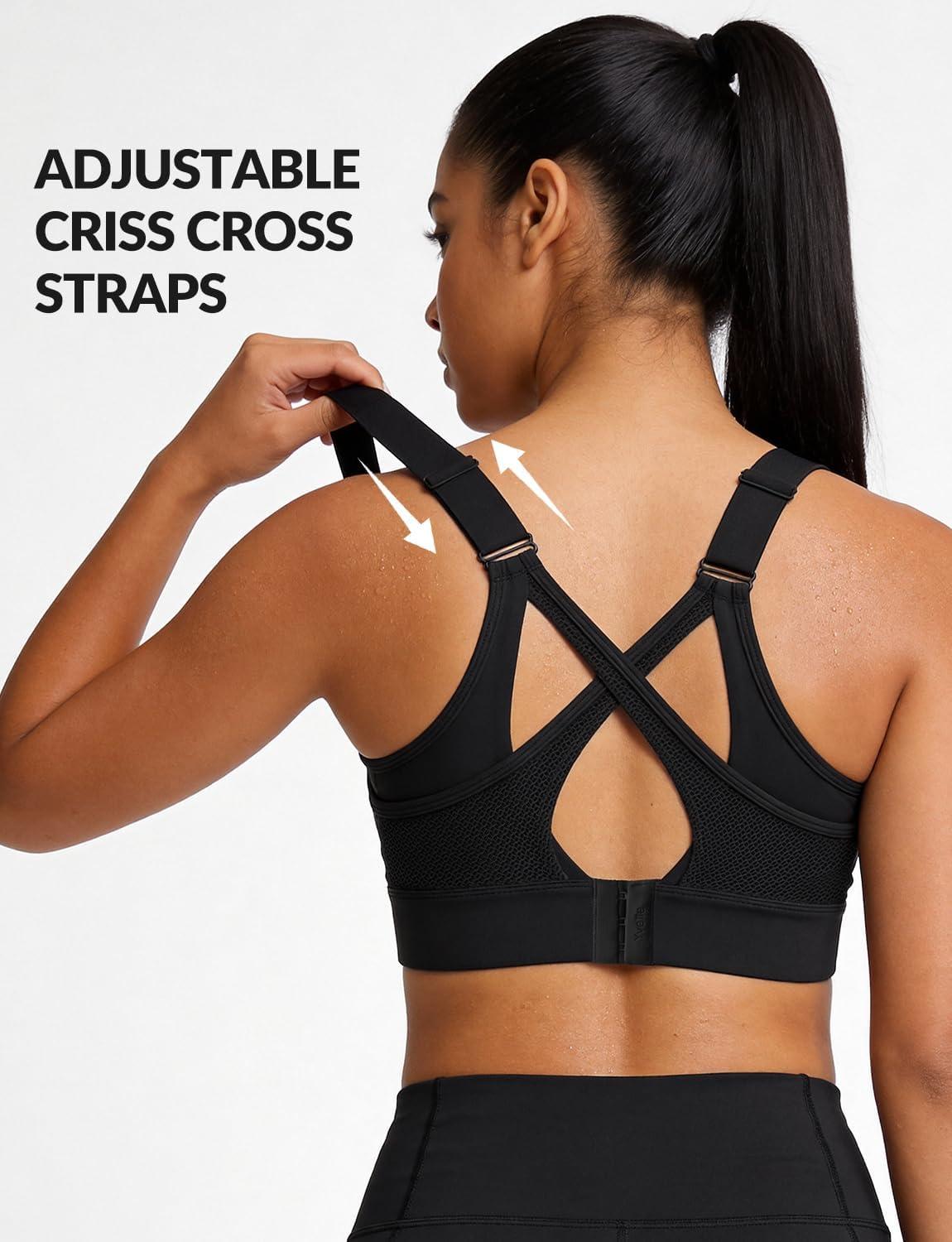 Yvette Sports Bras for Women High Impact Support, Sleek V-Neck Design with Adjustable Criss Cross Straps, Plus Size Sports Bra for Large Breasts Bust for Running & Workout,Black,S Plus