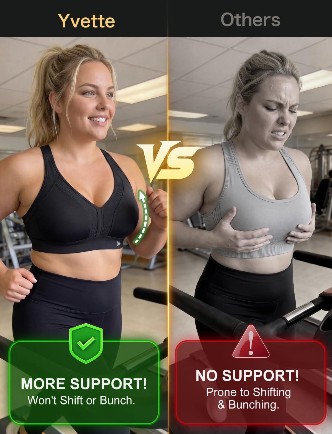 Yvette Sports Bras for Women High Impact Support, Sleek V-Neck Design with Adjustable Criss Cross Straps, Plus Size Sports Bra for Large Breasts Bust for Running & Workout,Black,S Plus