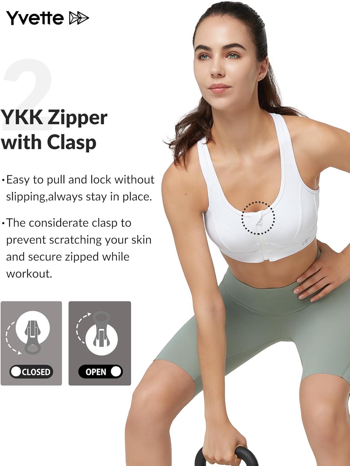 Yvette Zip Front Sports Bra – High Impact Sports Bras for Women Plus Size Workout Fitness Running(White)