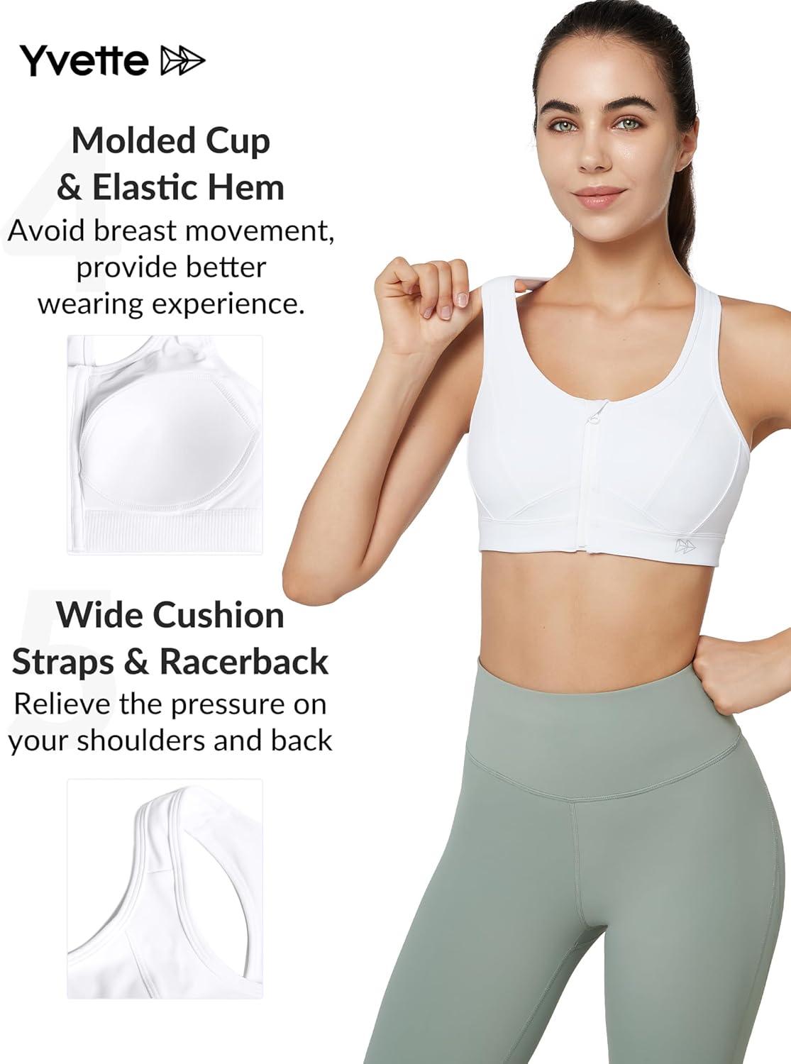 Yvette Zip Front Sports Bra – High Impact Sports Bras for Women Plus Size Workout Fitness Running(White)