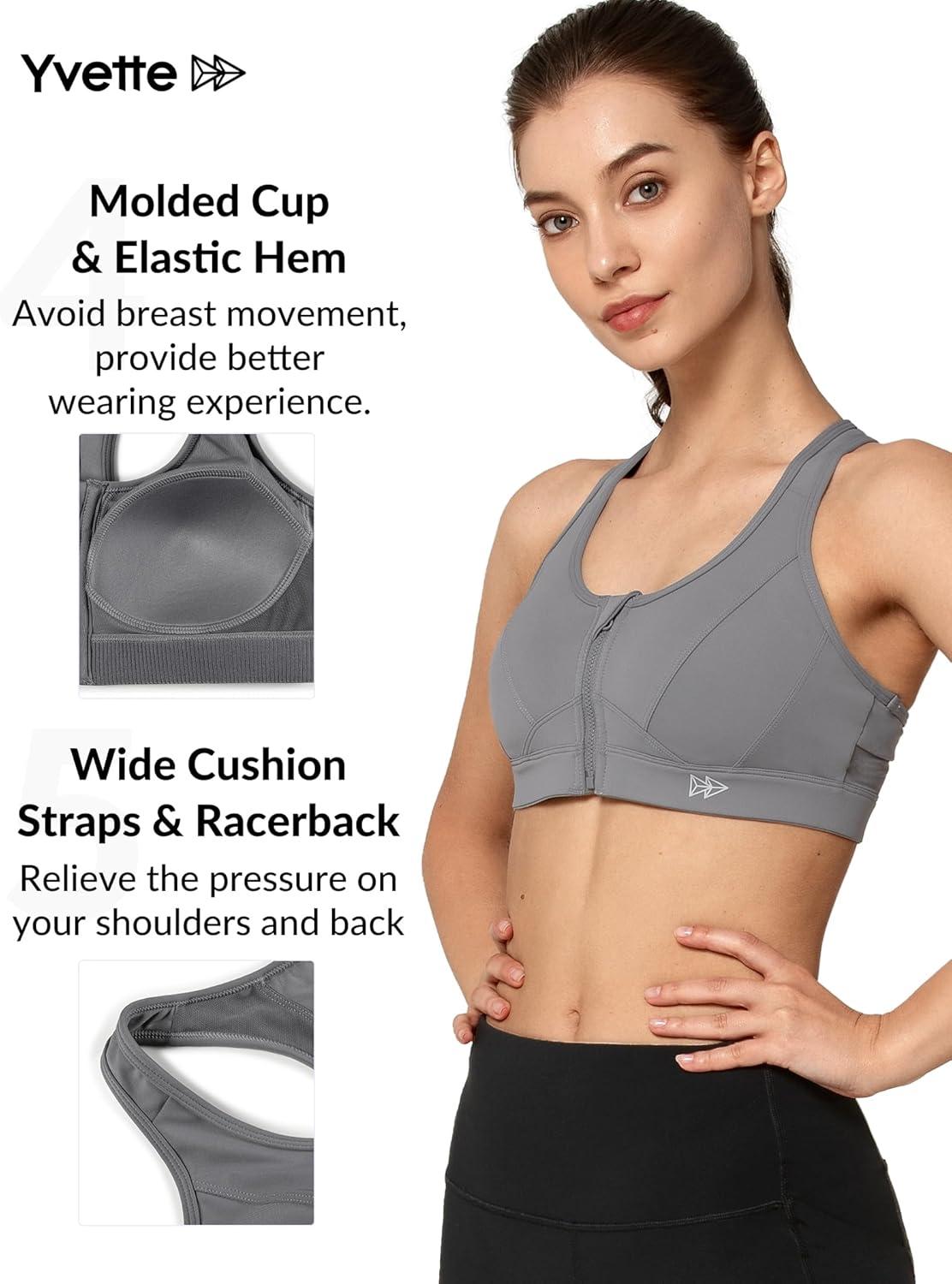 Yvette Zip Front Sports Bra – High Impact Sports Bras for Women Plus Size Workout Fitness Running(Grey)
