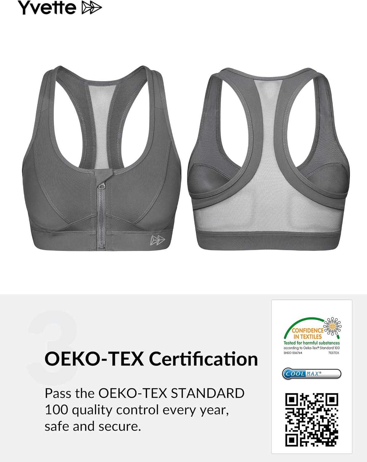 Yvette Zip Front Sports Bra – High Impact Sports Bras for Women Plus Size Workout Fitness Running(Grey)