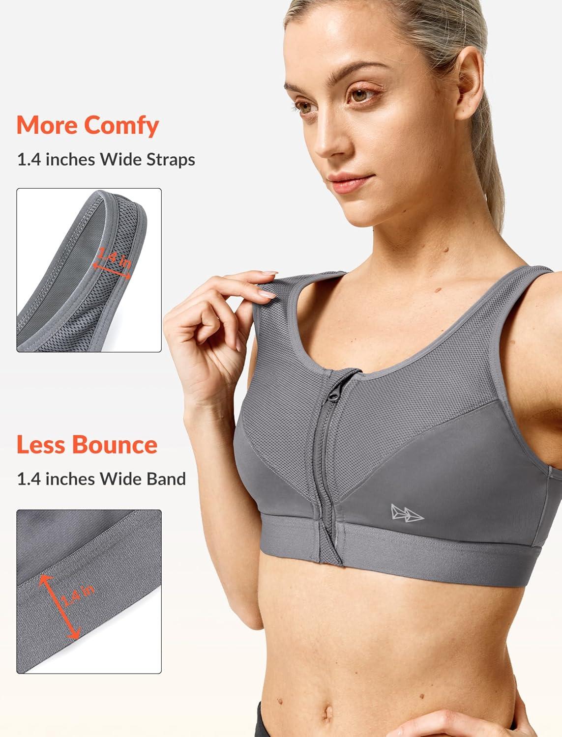 Yvette Zip Front Sports Bras 32A-48DD Plus Size for Women High Impact Yoga Bra Wirefree No Padding(Grey/Please Size Up)